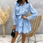 Μίνι Φόρεμα Suitus Θάλασσι με Δαντέλα στο Μπούστο και στο Μανίκι